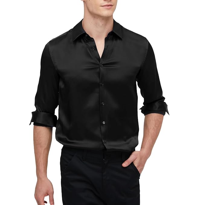 Stunning Black Colored SILK Formal Shirt For Men XL(42) / SILK / Black Stunning Black Colored SILK Formal Shirt For Men XL(42) / SILK / Black