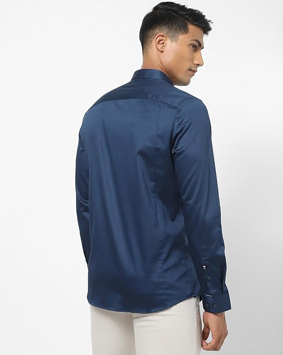 Navy Blue Colored Shining Silk Shirt For Men In USA