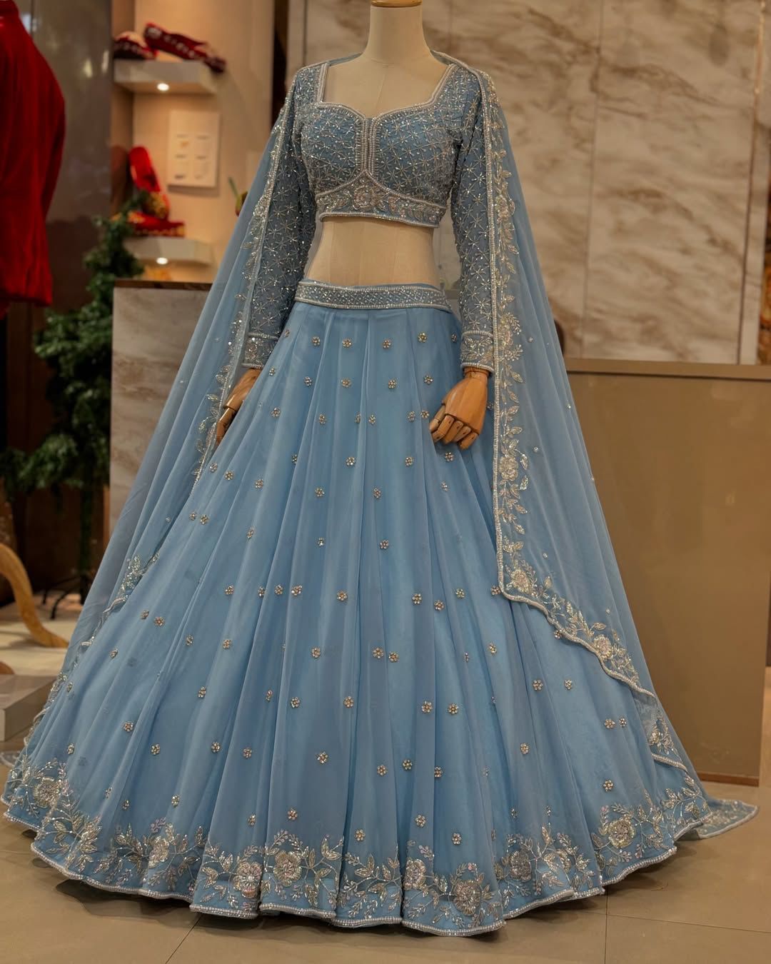 light Blue Faux Georgette Lehenga Choli For Women Near Me