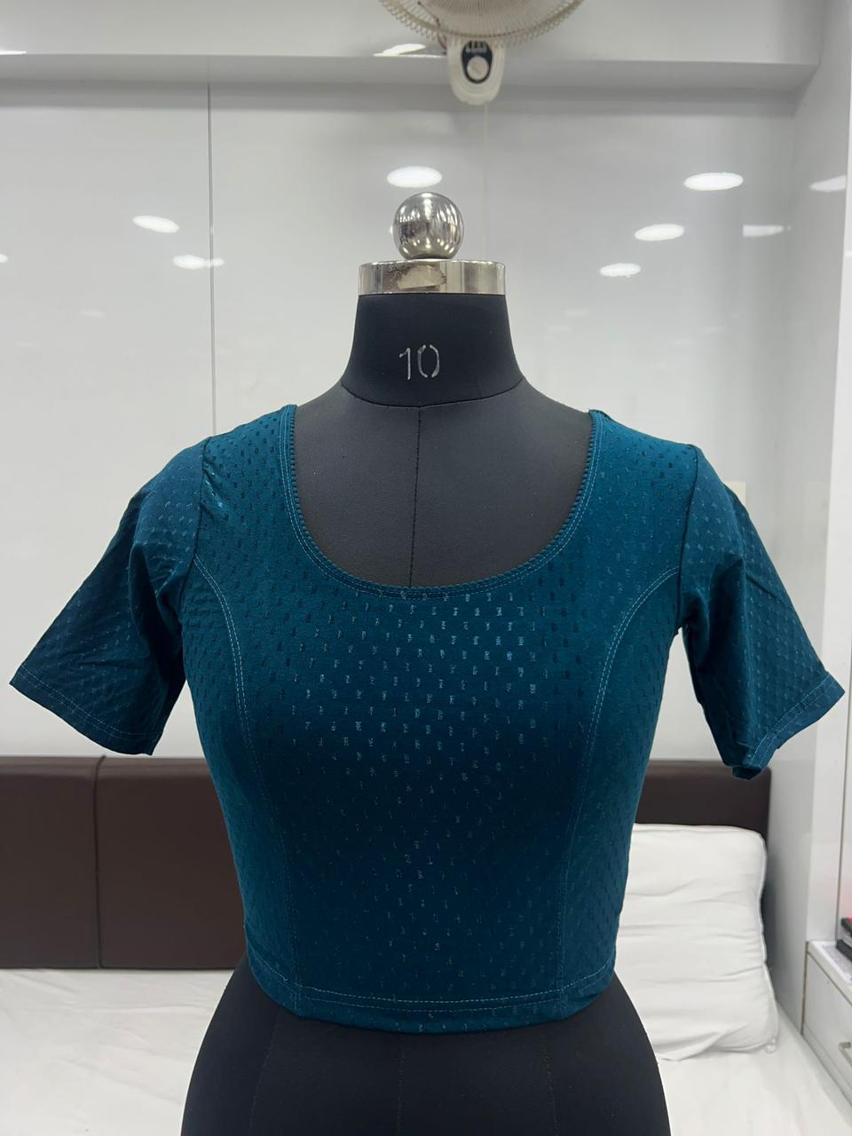Elegant Teal Blue Color Cotton Dobby Stretchable Ready To Wear Blouse For Women