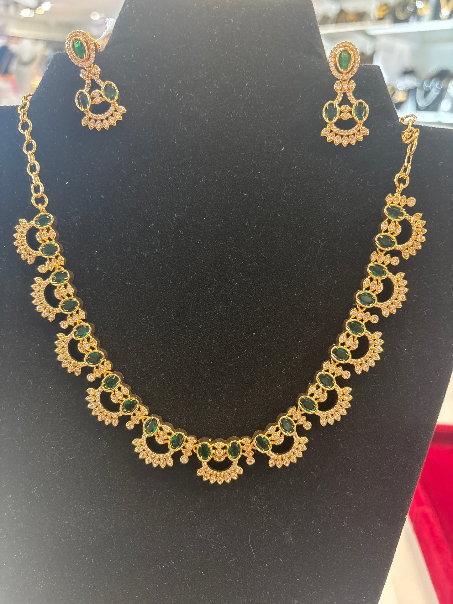 Beautiful Green and White Stones Gold Plated Necklace With Earrings Set For Women