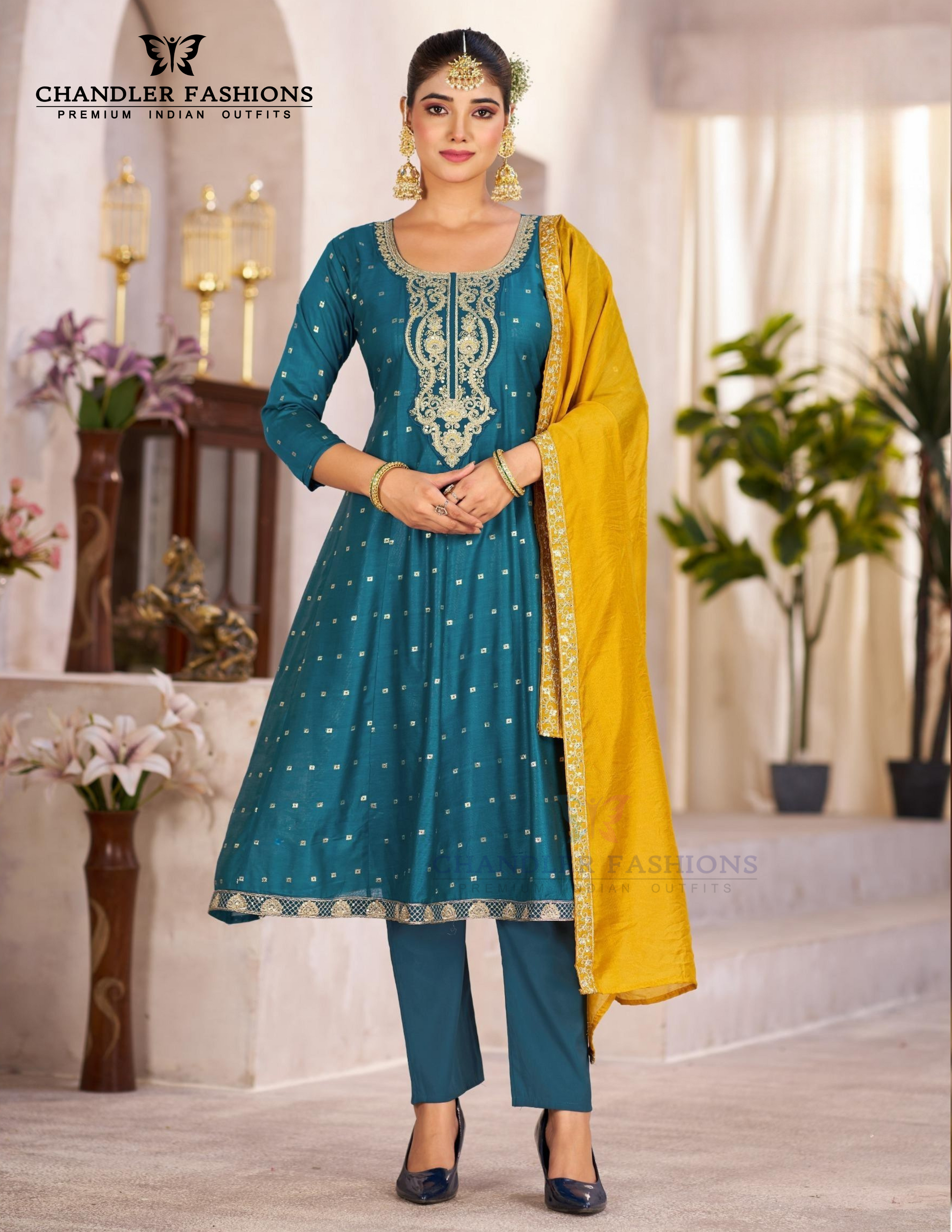 Attractive Teal Blue Color Chanderi Silk Salwar Suits With Embroidery Work For Women