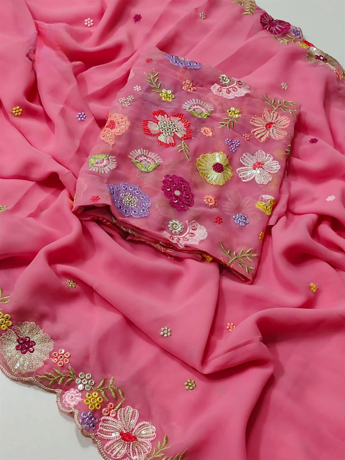 Alluring Pink Color Faux Georgette Designer Embroidery Sequins Saree For Women Near Me