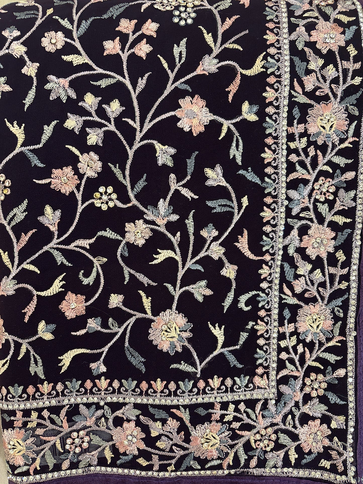 Alluring Purple Color Soft Georgette Embroidered With White Stone Fancy Saree - PREMIUM QUALITY