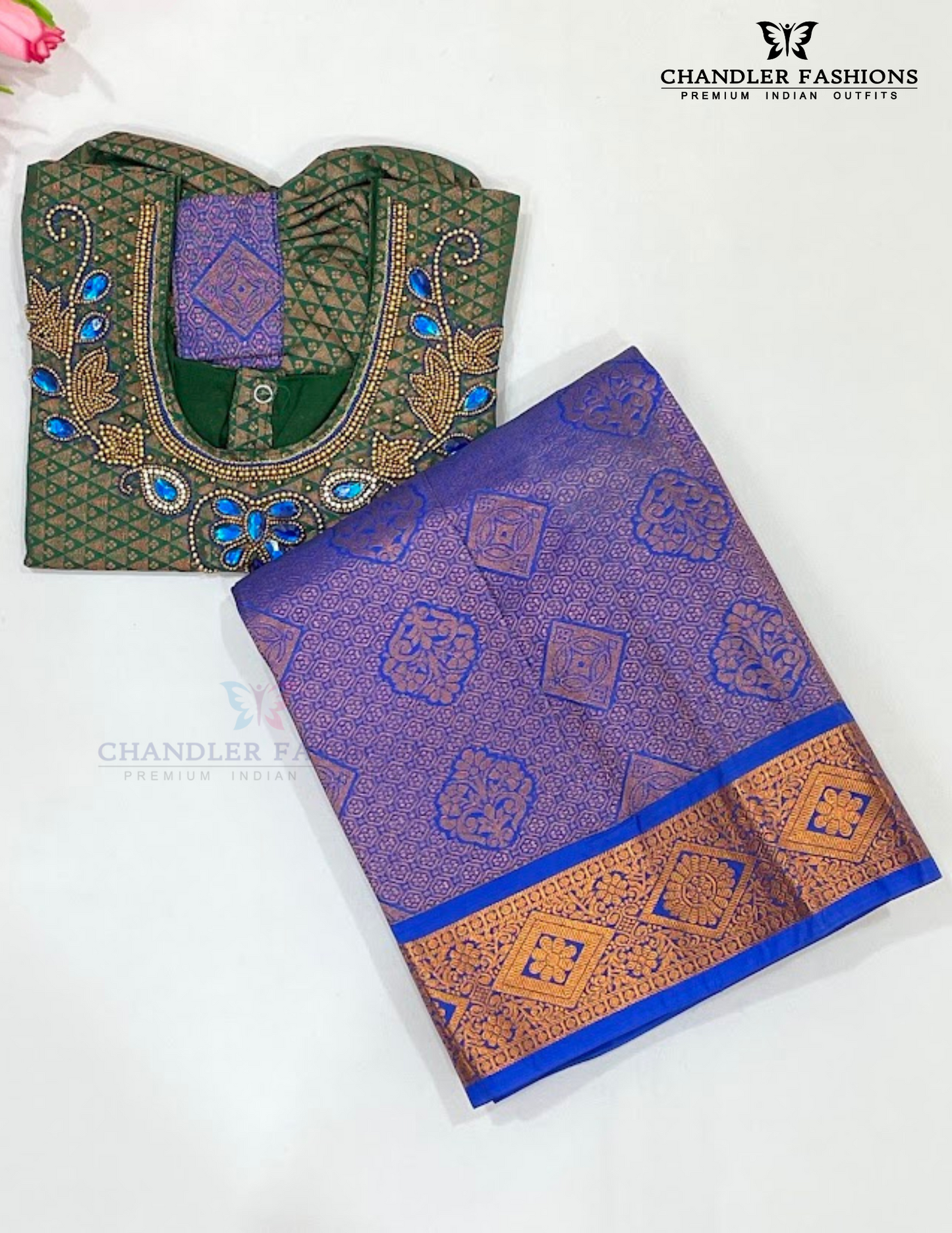 Beautiful Green And Blue Color Stone Work With Silk Langa set For Girls Near Me