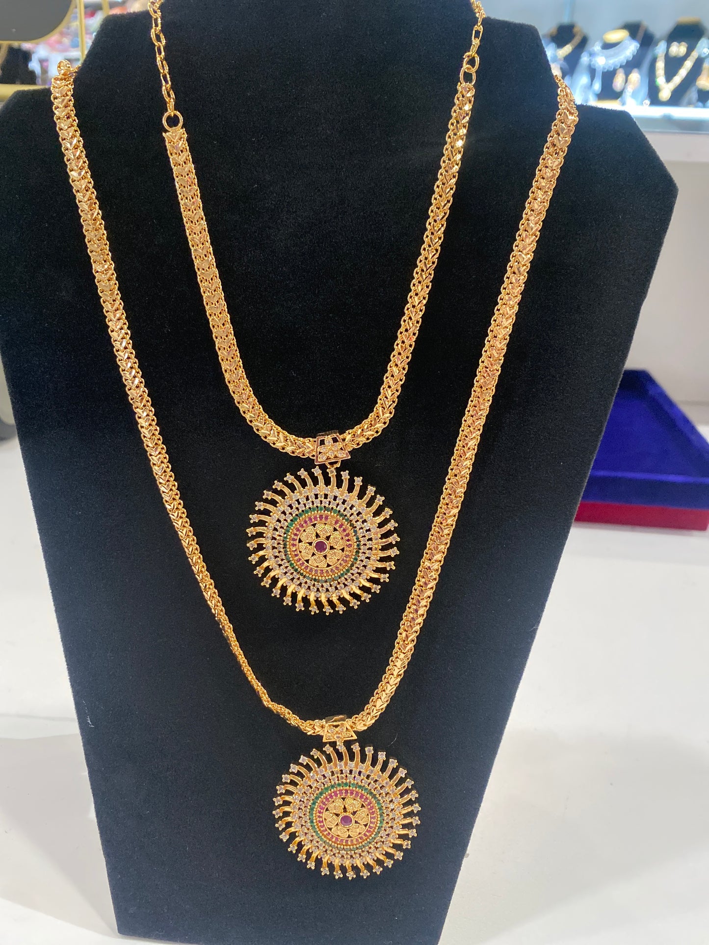 Charming Red And Green Stones Gold Plated Bridal Necklace Set For Women