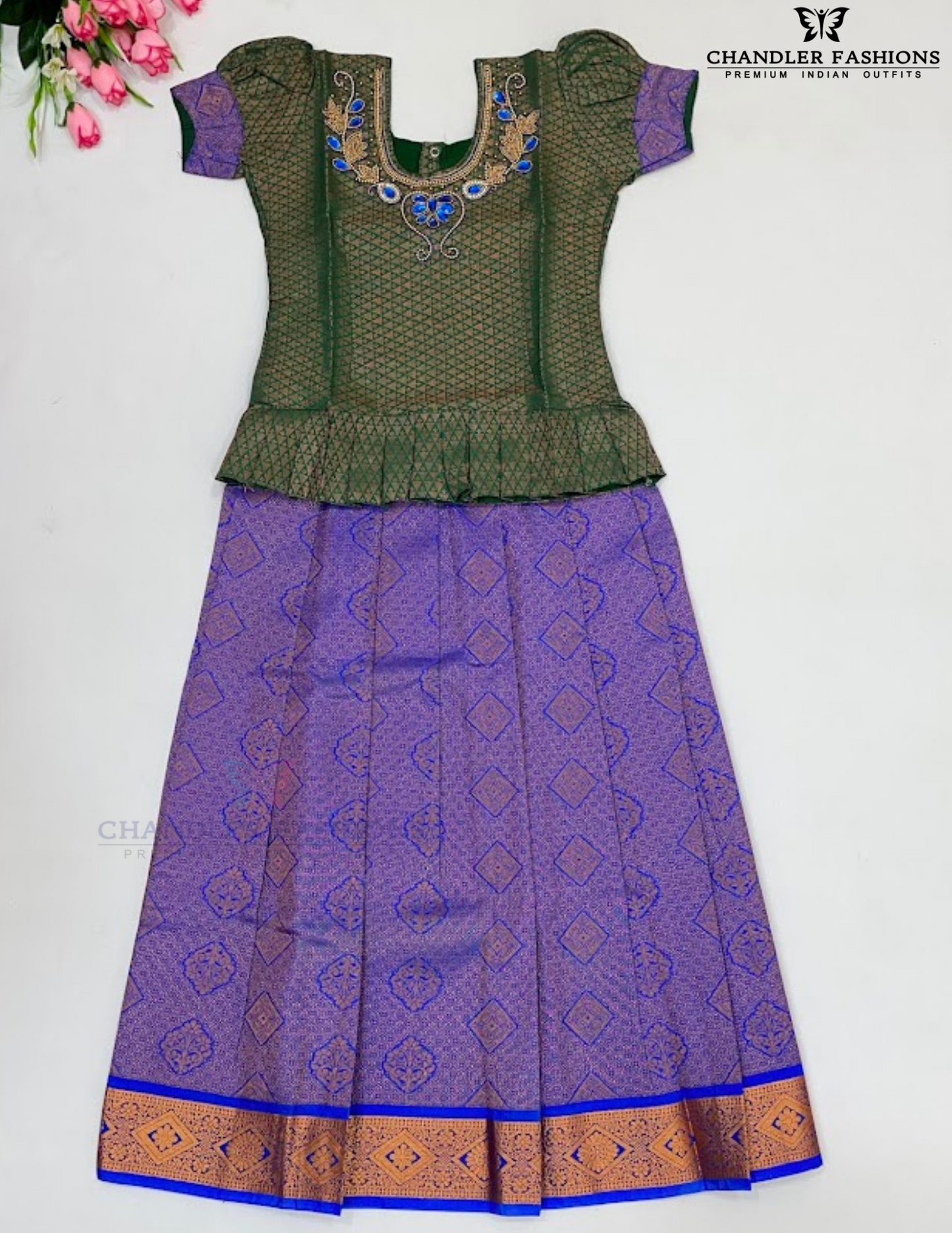 Beautiful Green And Blue Color Stone Work With Silk Langa set For Girls