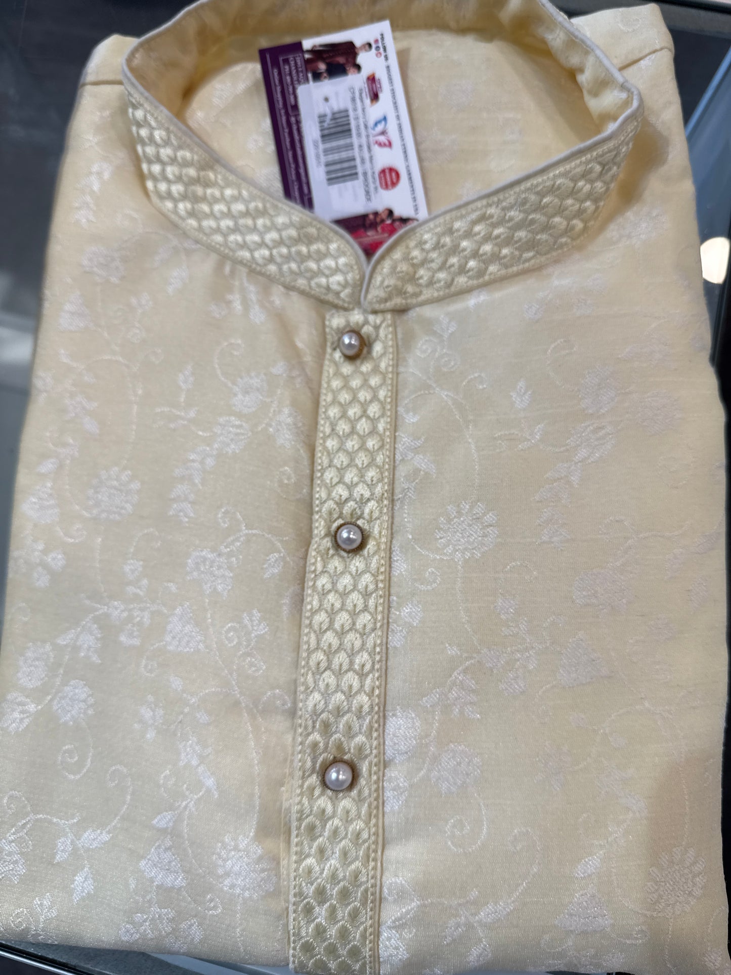Elegant Ivory Color Brocade Men's Kurta With Cotton Pajama Pant