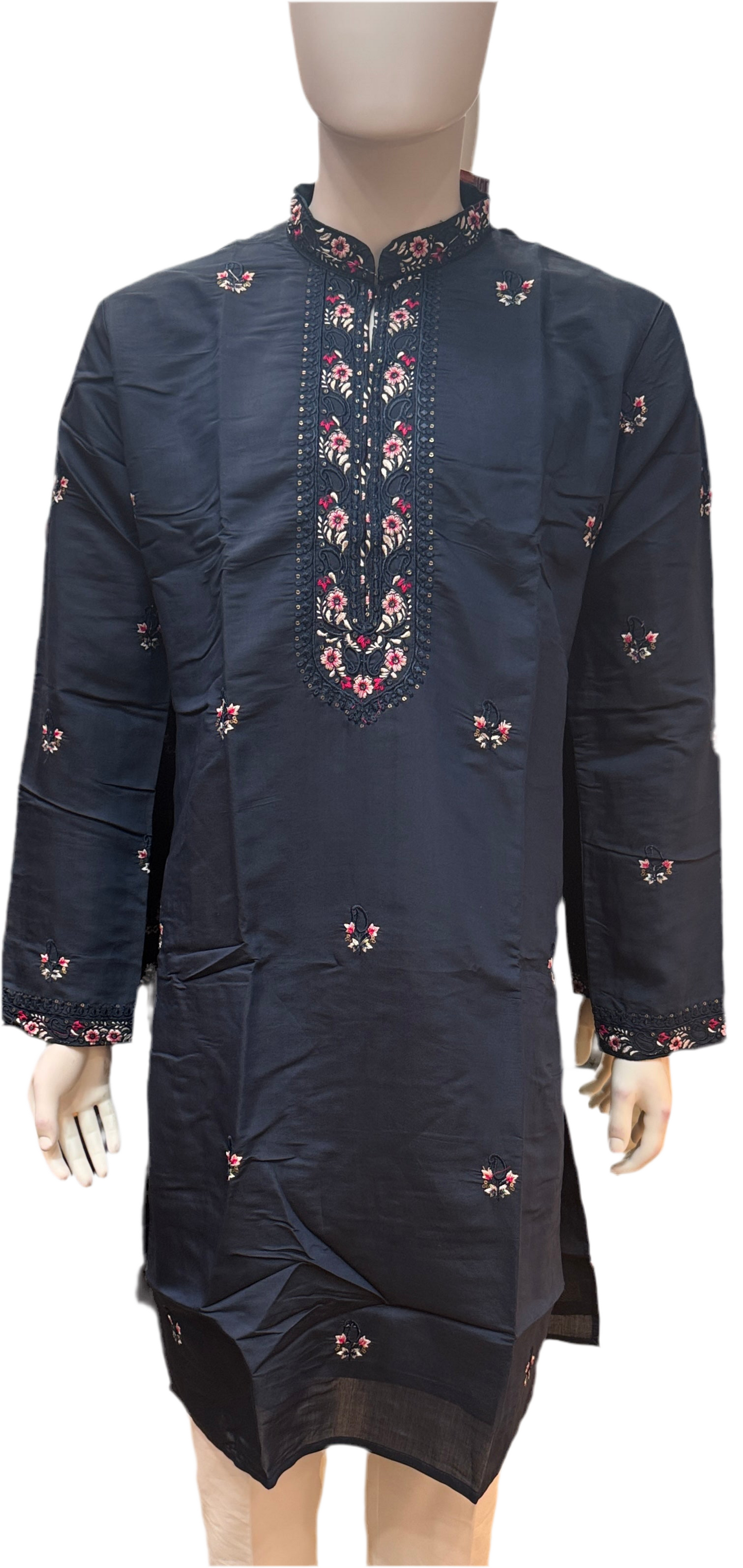 Charming Dark Blue Color Cotton Embroidery Work Kurta Suits For Men