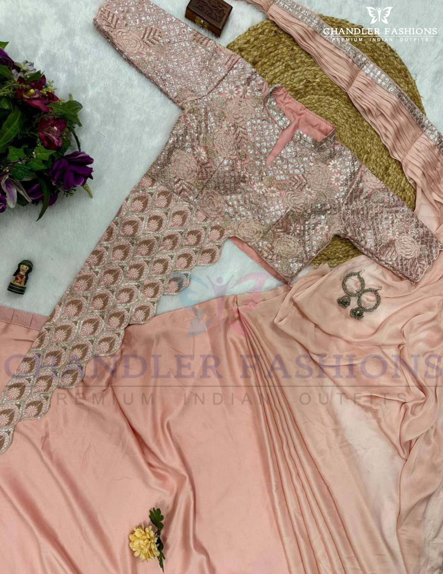 Stunning Light Pink Chinon Embroidery Saree For Women In Tempe