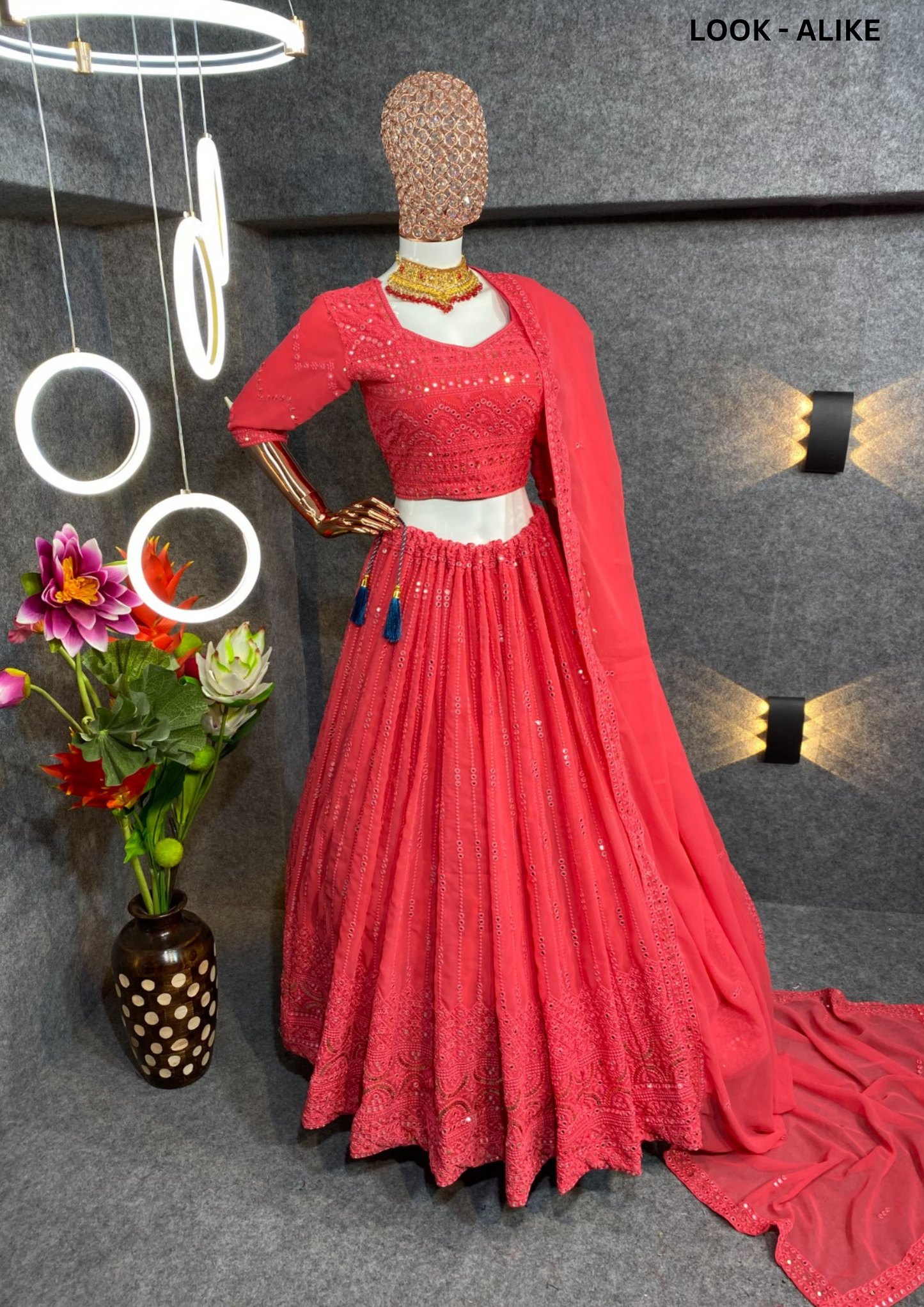 Pleasing Red Color Malay Satin Embroided Lehenga Near Me