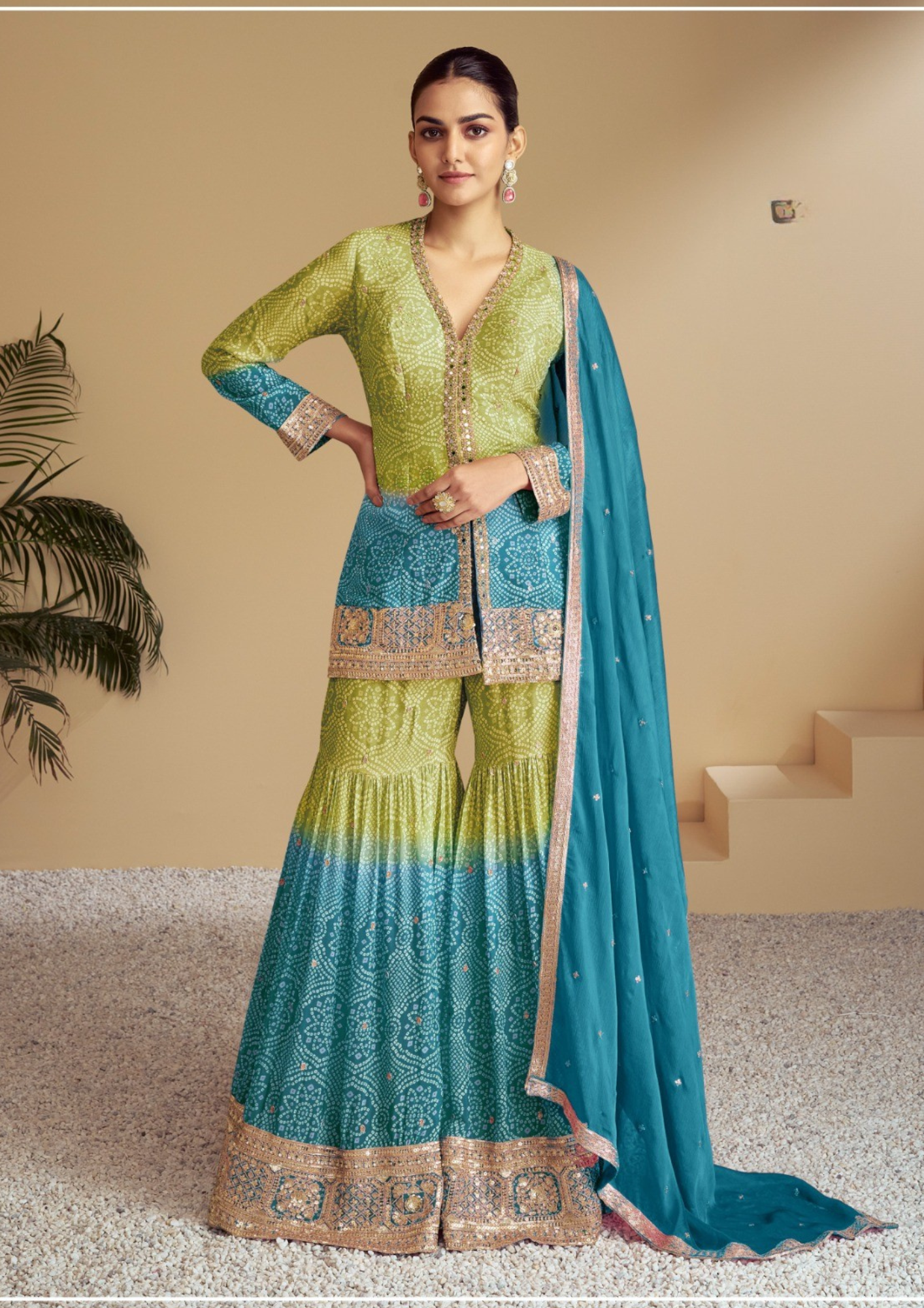 Attractive Green With Blue Color Chinon Sharara Suits With Embroidered Work For Women
