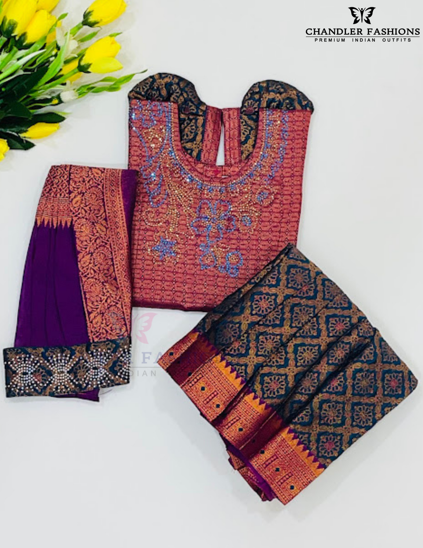 Attractive Dark Purple And Green Color Art Silk Langa Sets With Belt For Girls In Tempe