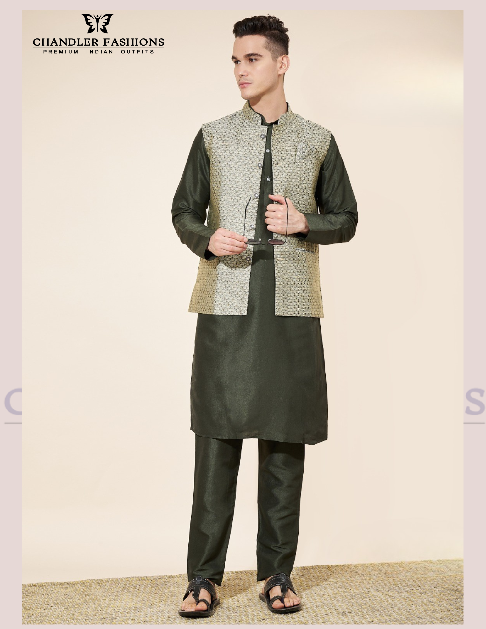 Dark Green Color Embroidered Work Silk Kurta And Pajama With Jacket Near Me
