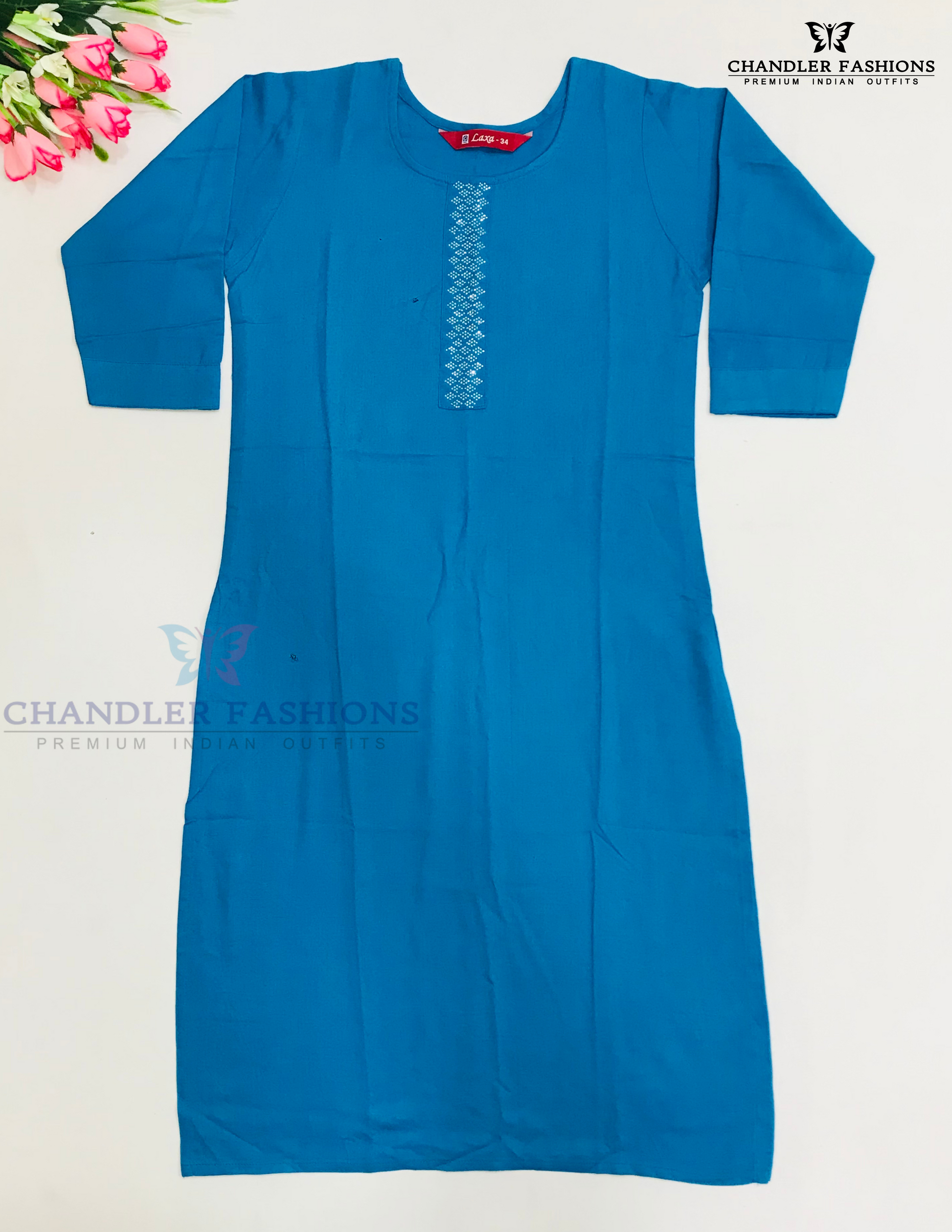 Elegant Sky Blue Color Rayon Kurti With Stone Work For Girls