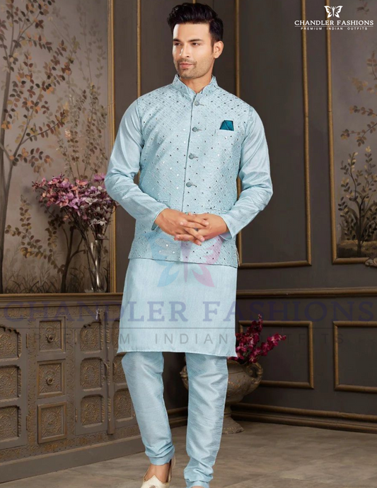 Beautiful Light Blue Color Silk Kurta With Silk Pajama And Jacket Set For Men