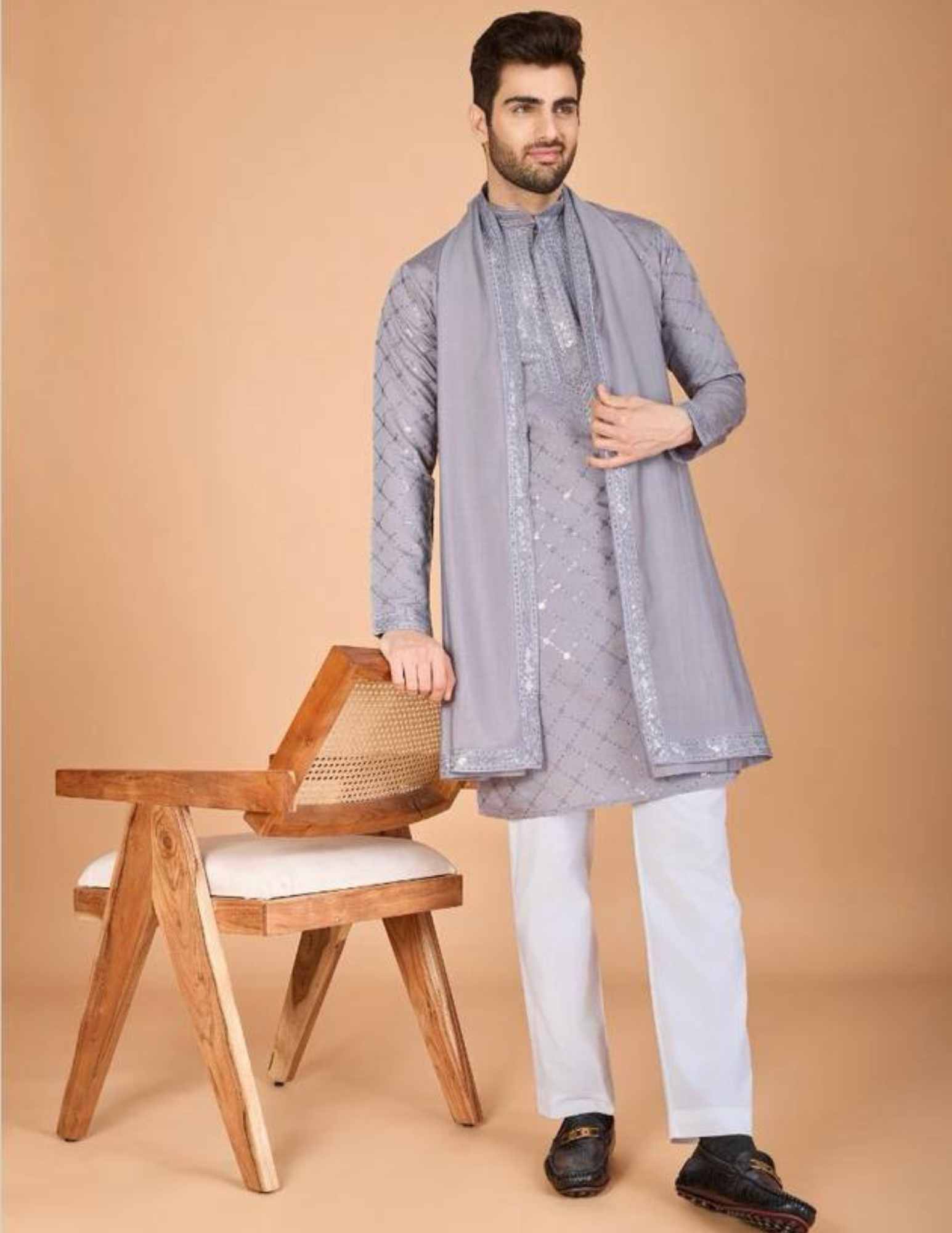 Fantastic Gray Color Thread With Sequins And Embroidery Work Pajama Suits Near Me