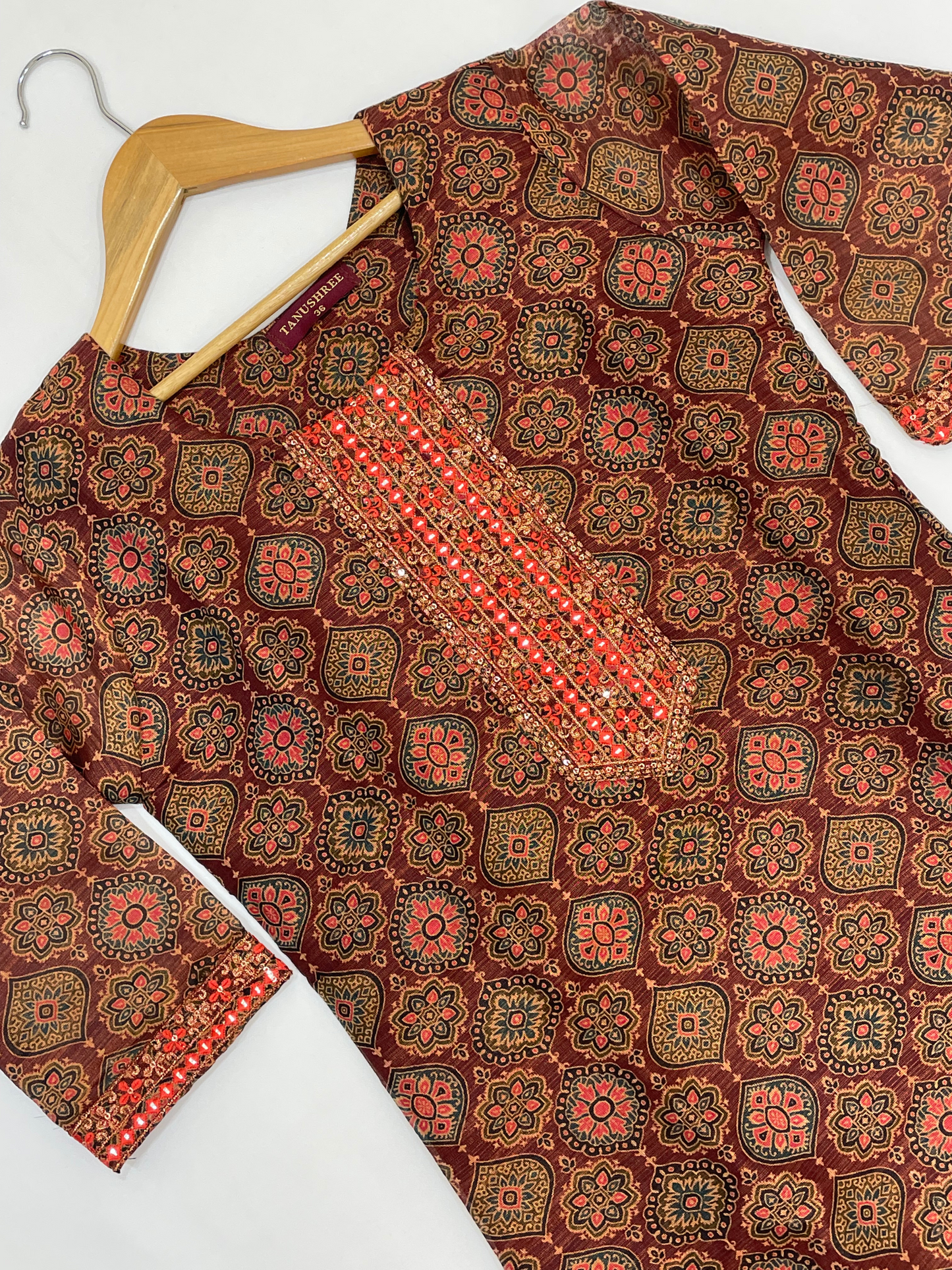 Delightful Brown Color Kurti With Zari Work In Mesa