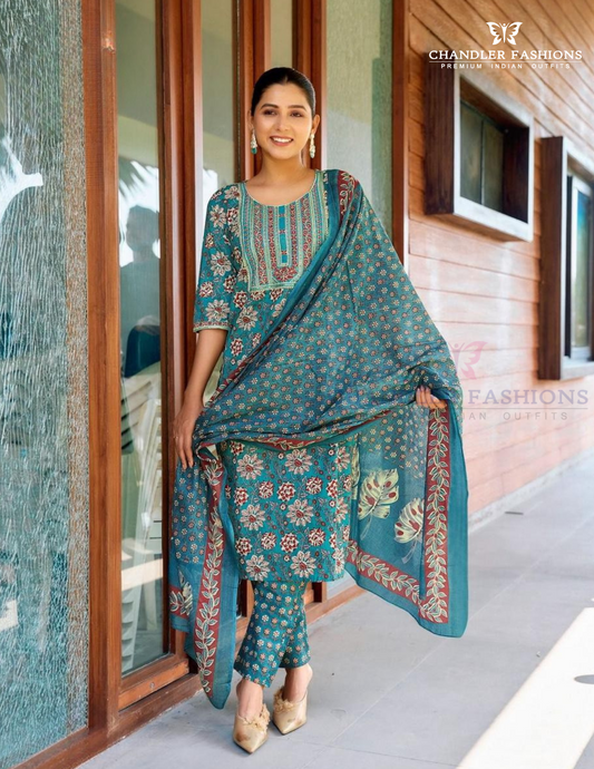 Elegant Light Blue Color Cotton Printed Embroidery Work Salwar Suits With Dupatta Set