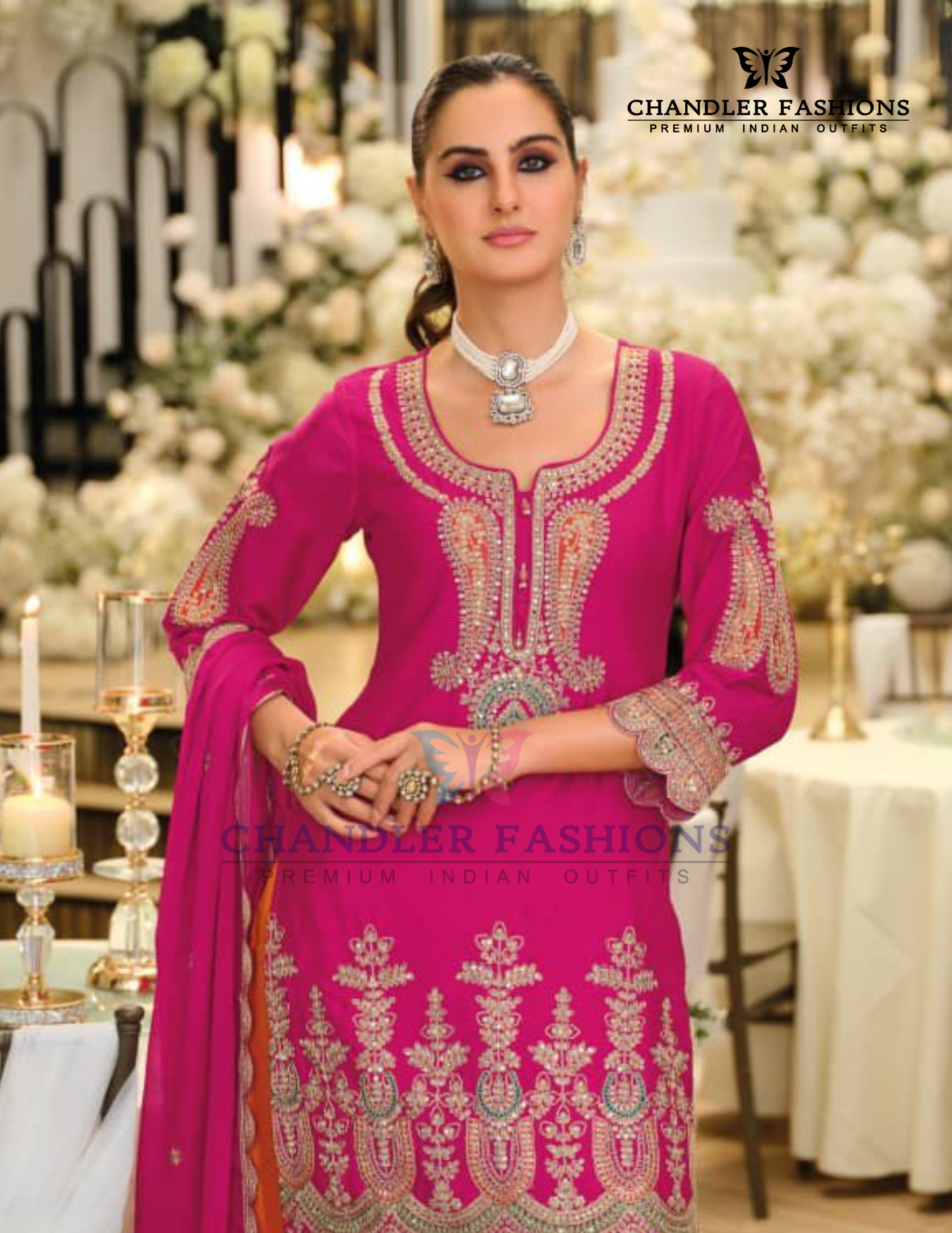 Pink Color Chinon With Embroidery Work Palazzo Suits And Dupatta In Chandler