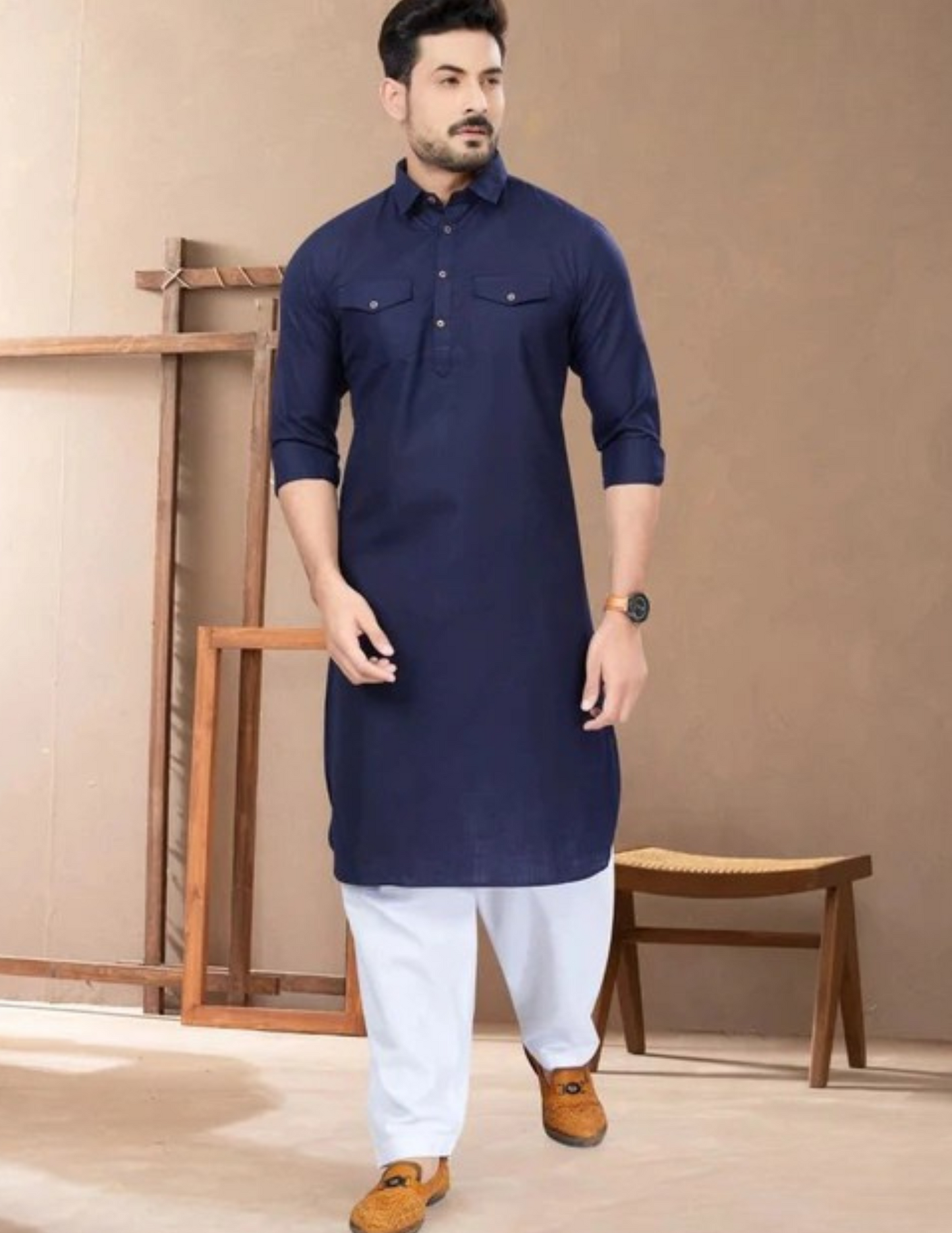 Elegant Navy Blue Colored Men's Pathani Kurta With Pajama Suit
