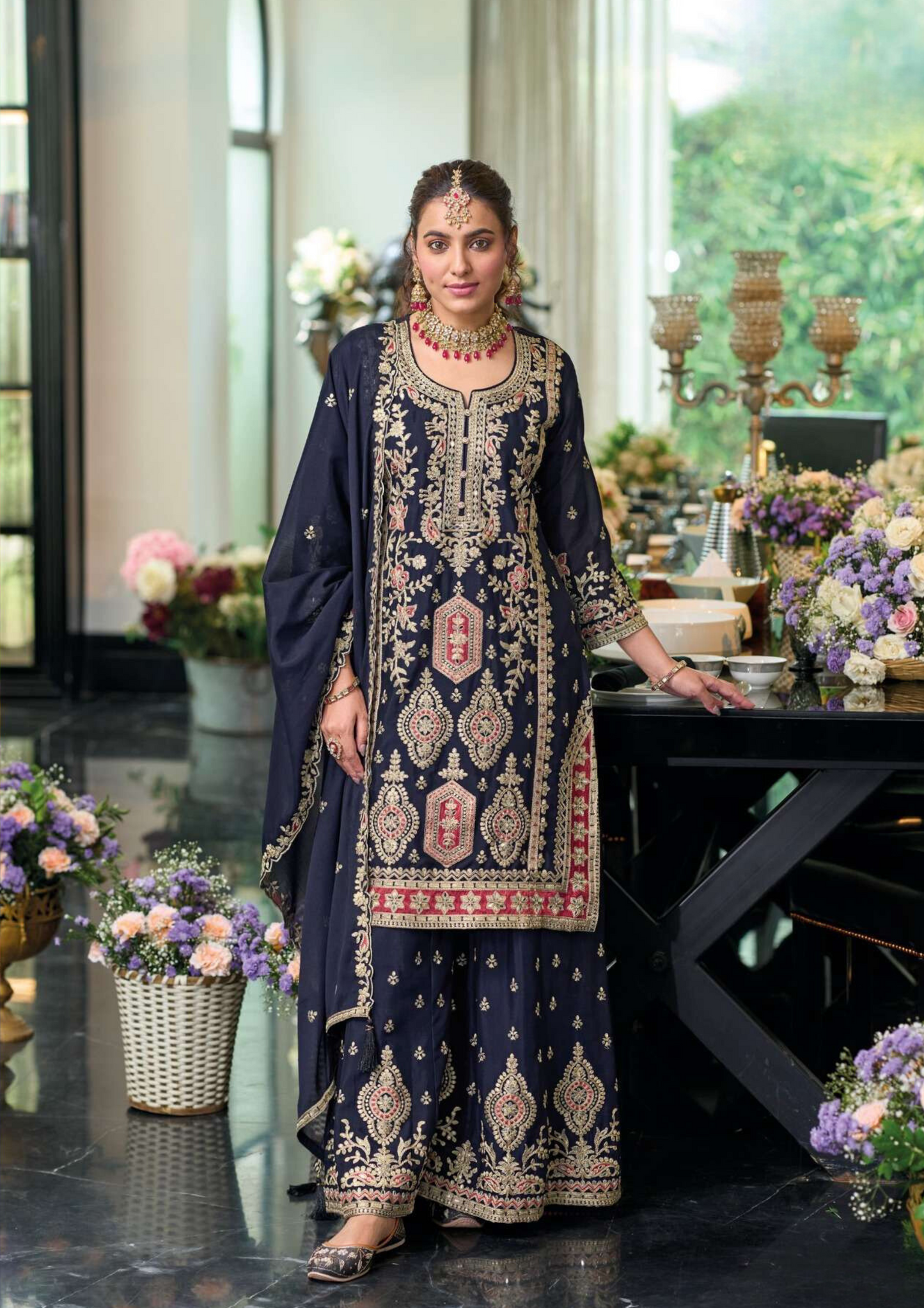Alluring Designer Party Wear Navy Blue Colored Palazzo Suits For Women