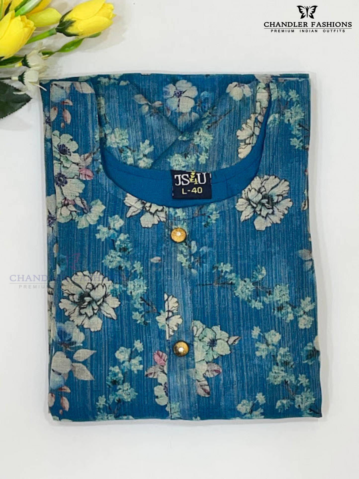 Charming Blue Color Tissue Silk With Floral Design Work Kurti In Surrise