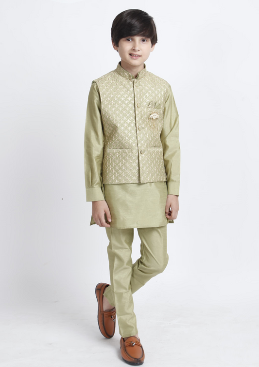 Alluring Light Green Color Banarasi Silk With Embroidery Jacket And Kid's Kurta With pant