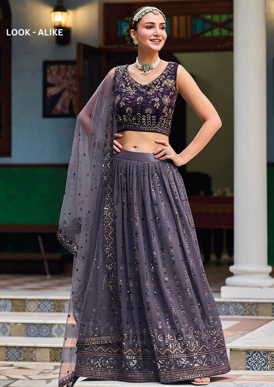 Attractive Purple Colored Georgette Lehenga Choli With Embroidery Work