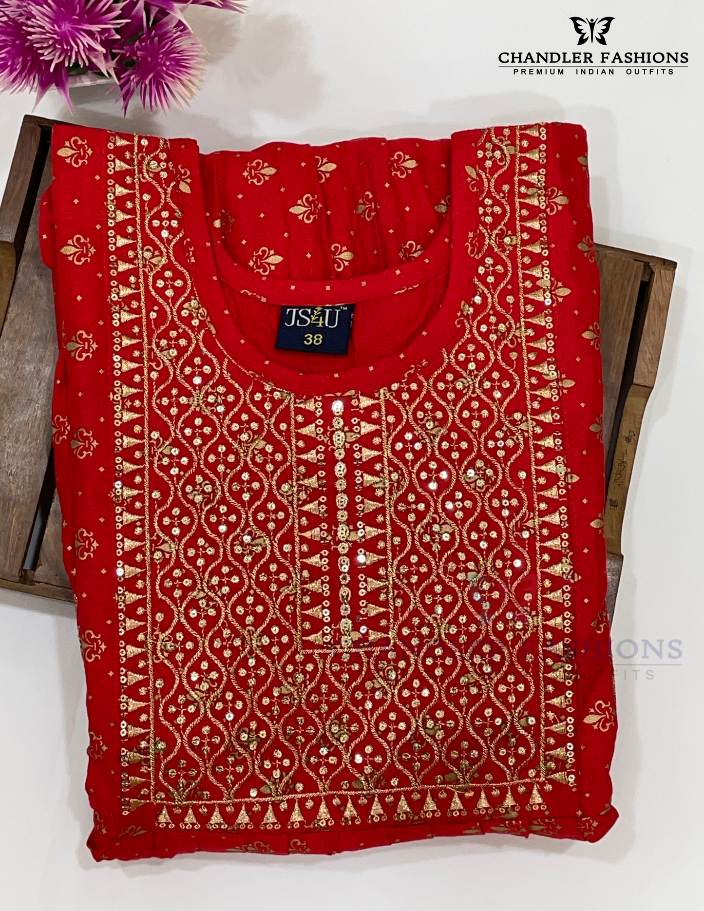 Attractive Red Color Embroidery With Sequins Work Rayon Kurti For Women