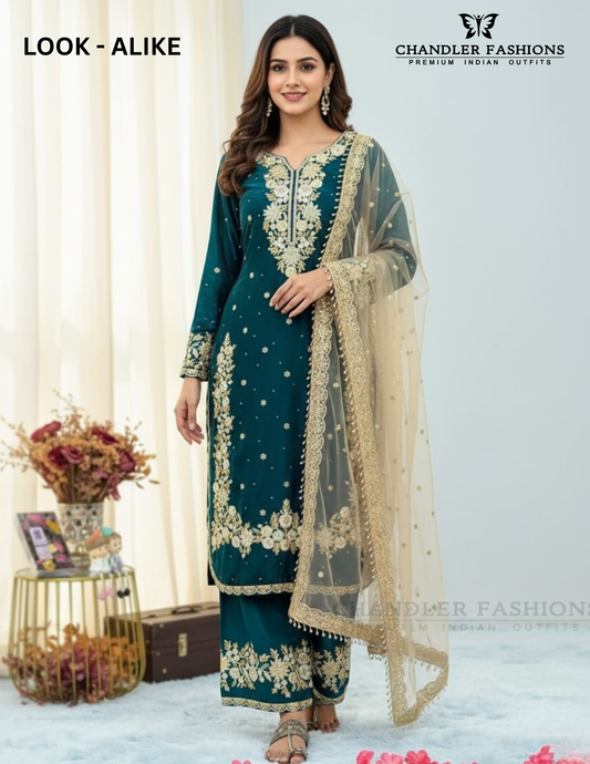 Elegant Teal Blue Color Palazzo Suits With Embroidery And Sequins Work For Women