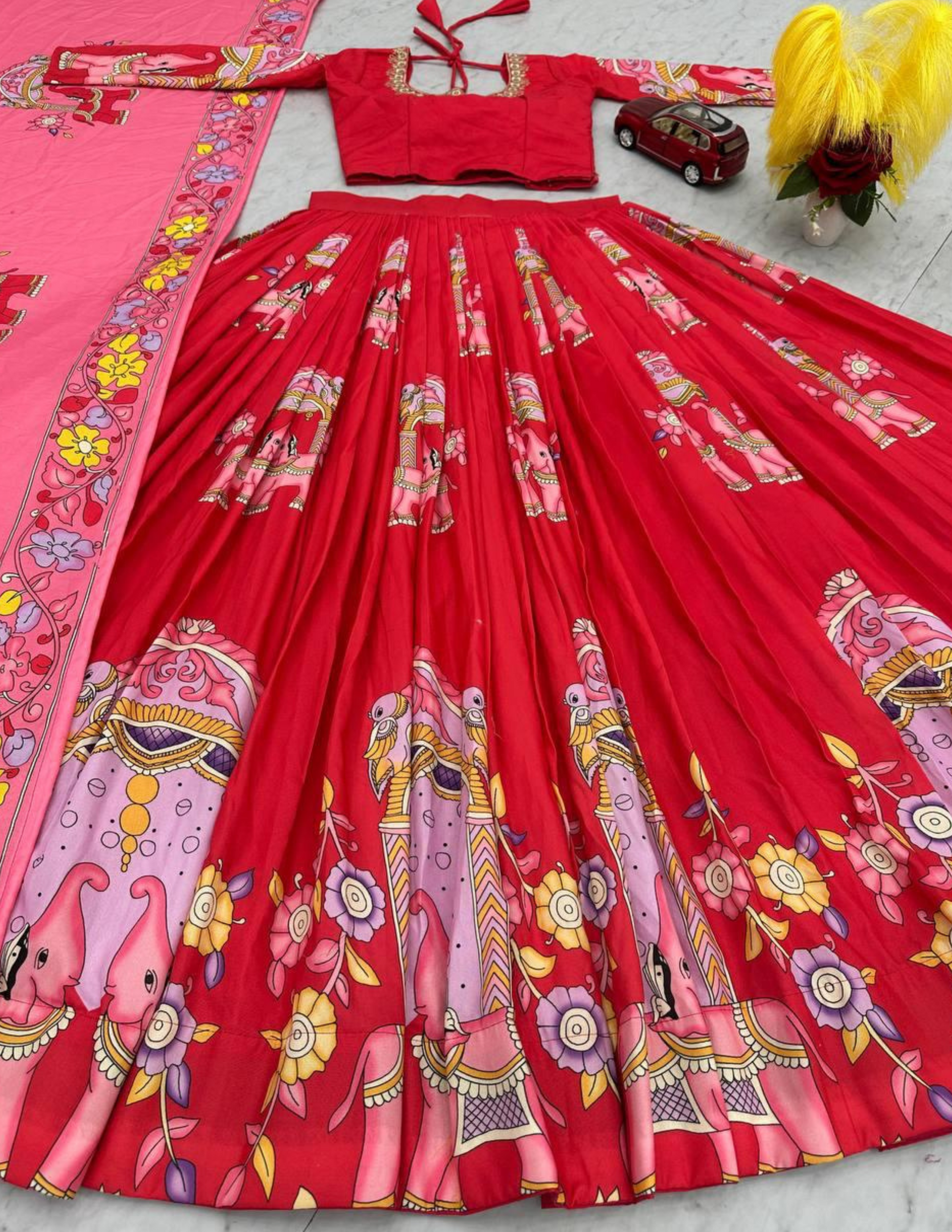 Attractive Red Color Cotton Lehenga Choli With Kalamkari Print Work In Tucson
