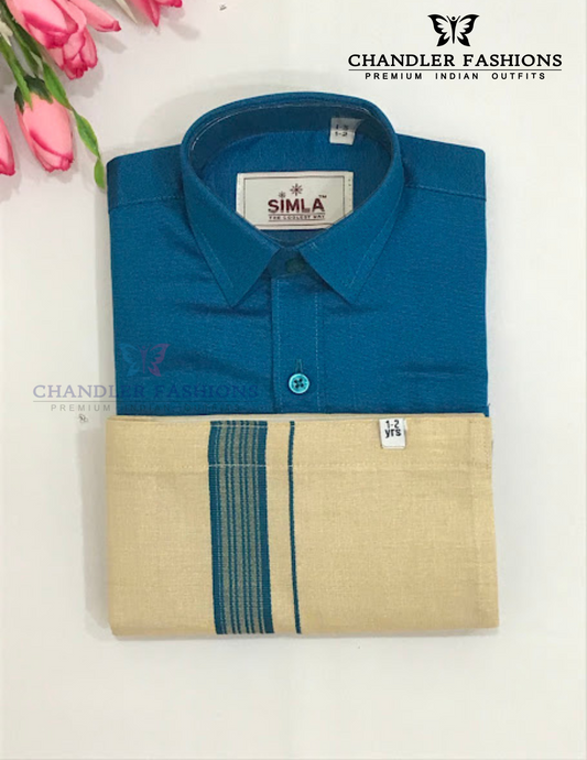 Charming Blue Color Cotton Shirt With Tissue Zari Work Dhoti Set For Kids