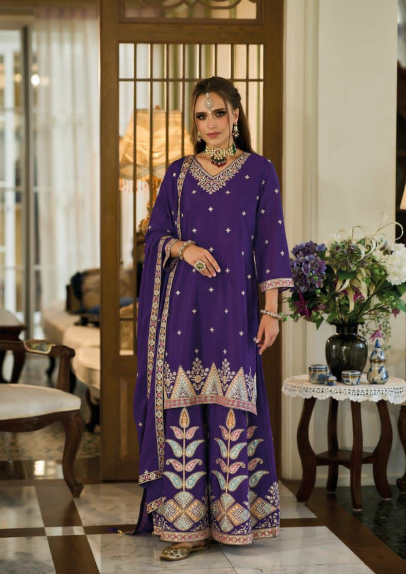 Gorgeous Violet Color Chinon With Embroidery Work Designer Palazzo Suits With Dupatta