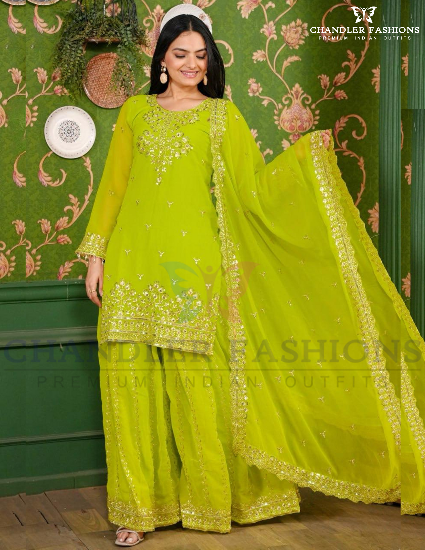 Lime Green Color Georgette Embroidery With Palazoo Suits With Dupatta in Phoenix