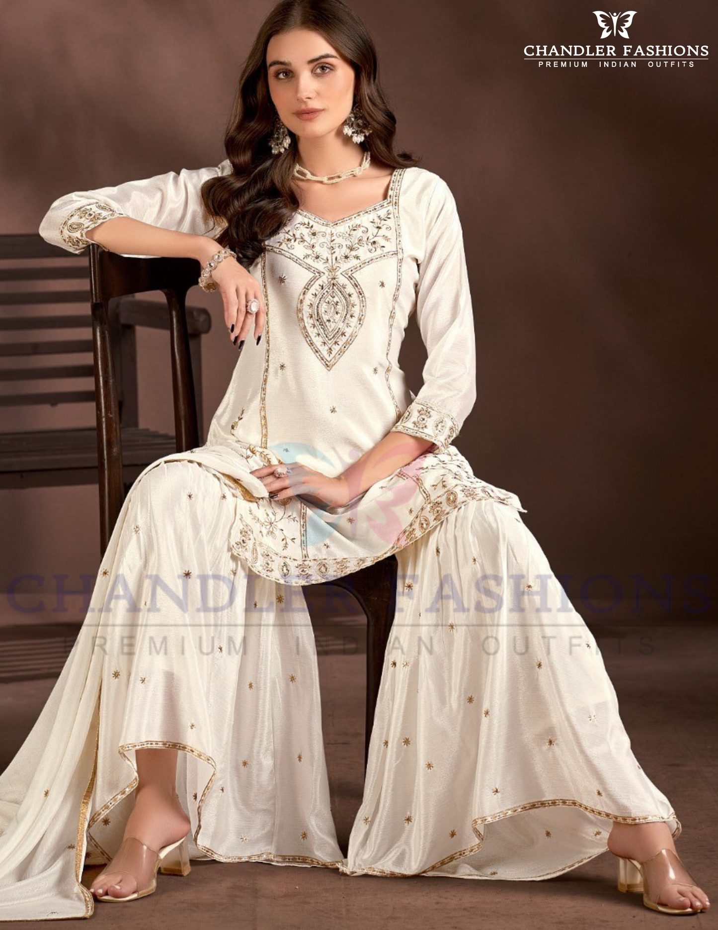 Alluring Cream Color Chinon With Heavy Embroidery Work Sharara Suits In Mesa