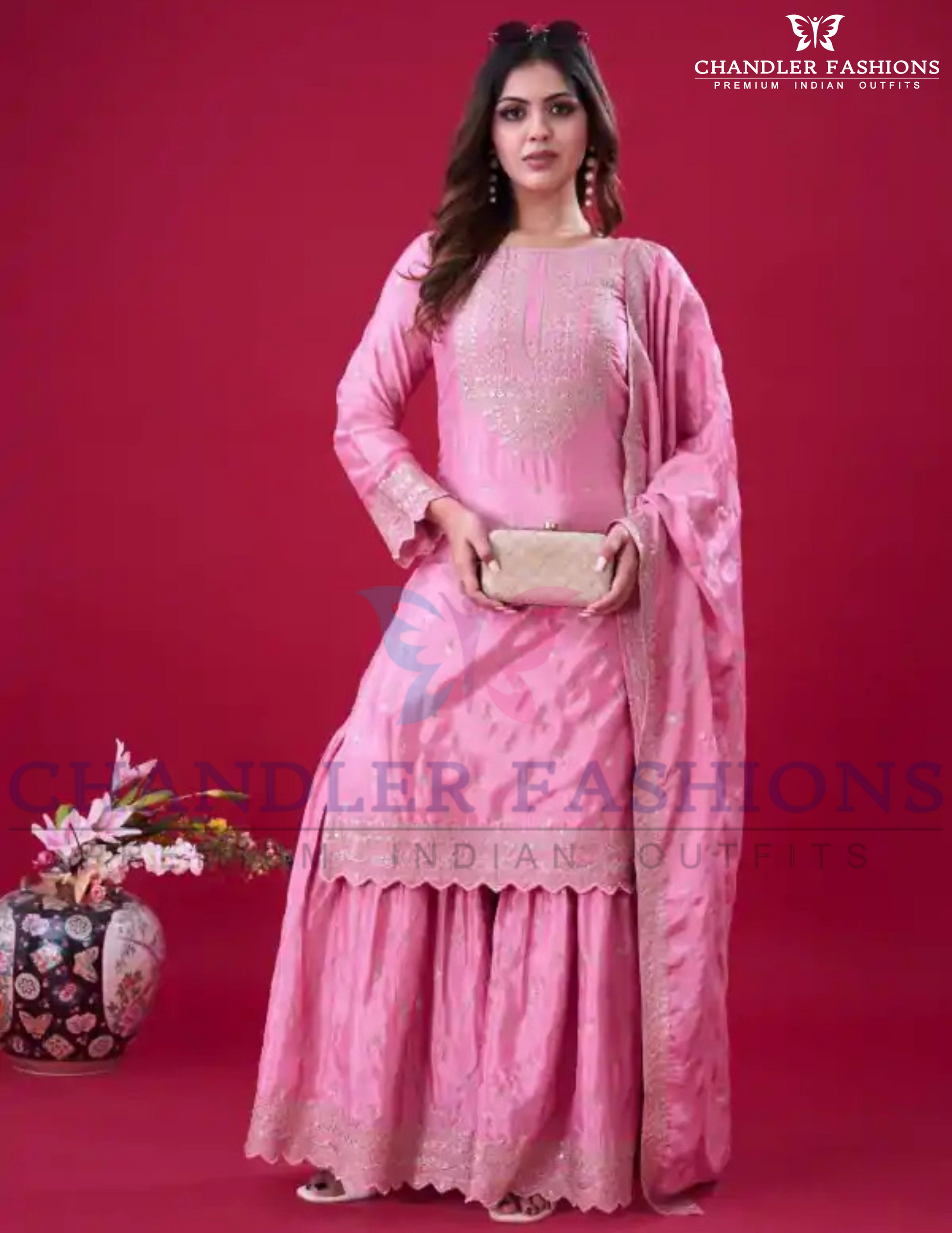 Attractive Pink Color Chinon Embroidered Sequence Work in Chandler