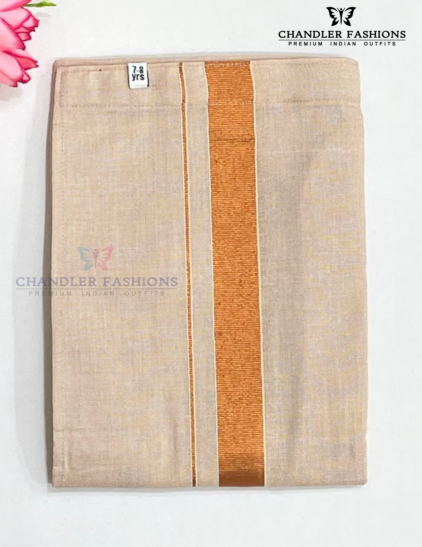 Copper Color Cotton Shirt With Tissue Zari Work Dhoti Set For Kids
In Mesa
