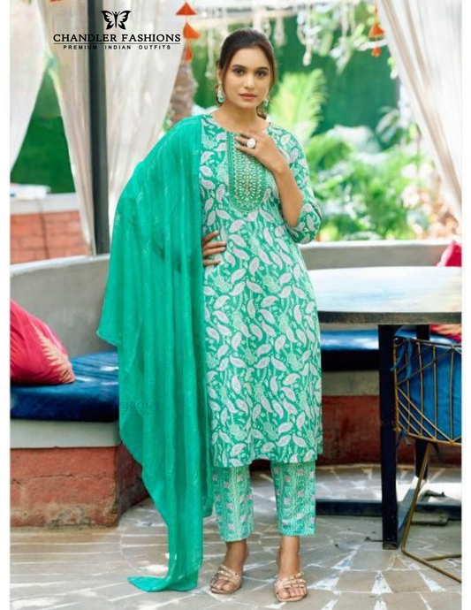 Beautiful Green Color Rayon With Fancy Embroidery Work Salwar Suits For Women