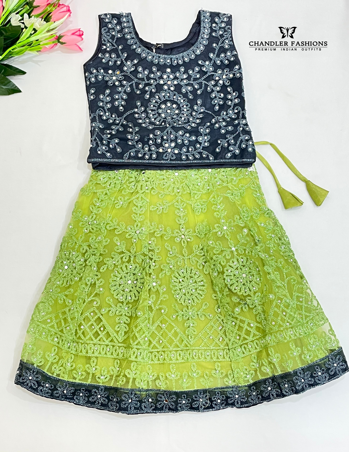 Graceful Gray Georgette With Embroidery Work Girls Choli Set In Mesa