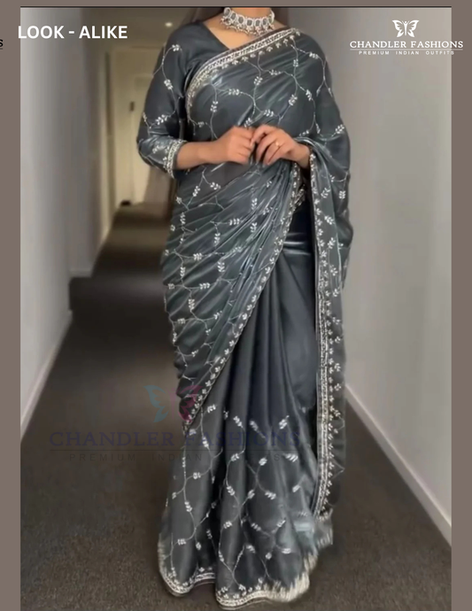 Elegant Gray Colored Organza Party Wear Sequins Saree With Embroidery And Zari Work