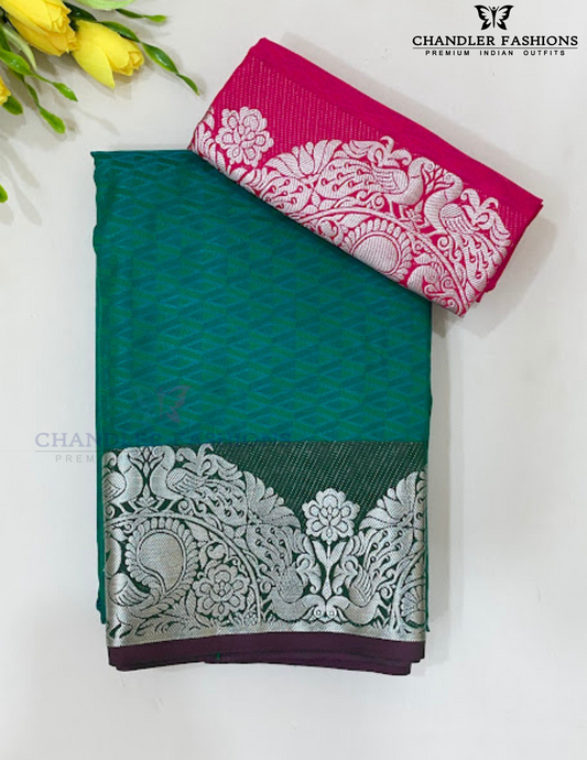 Alluring Green Color Soft Silk Saree With Silver Zari Work For Women