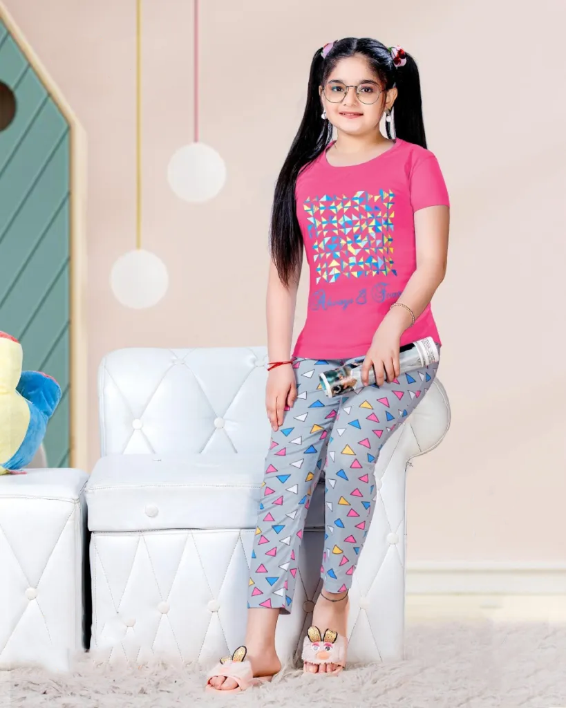 Beautiful Pink And Grey Short Sleeve Round Neck Rich Cotton Pajama Set