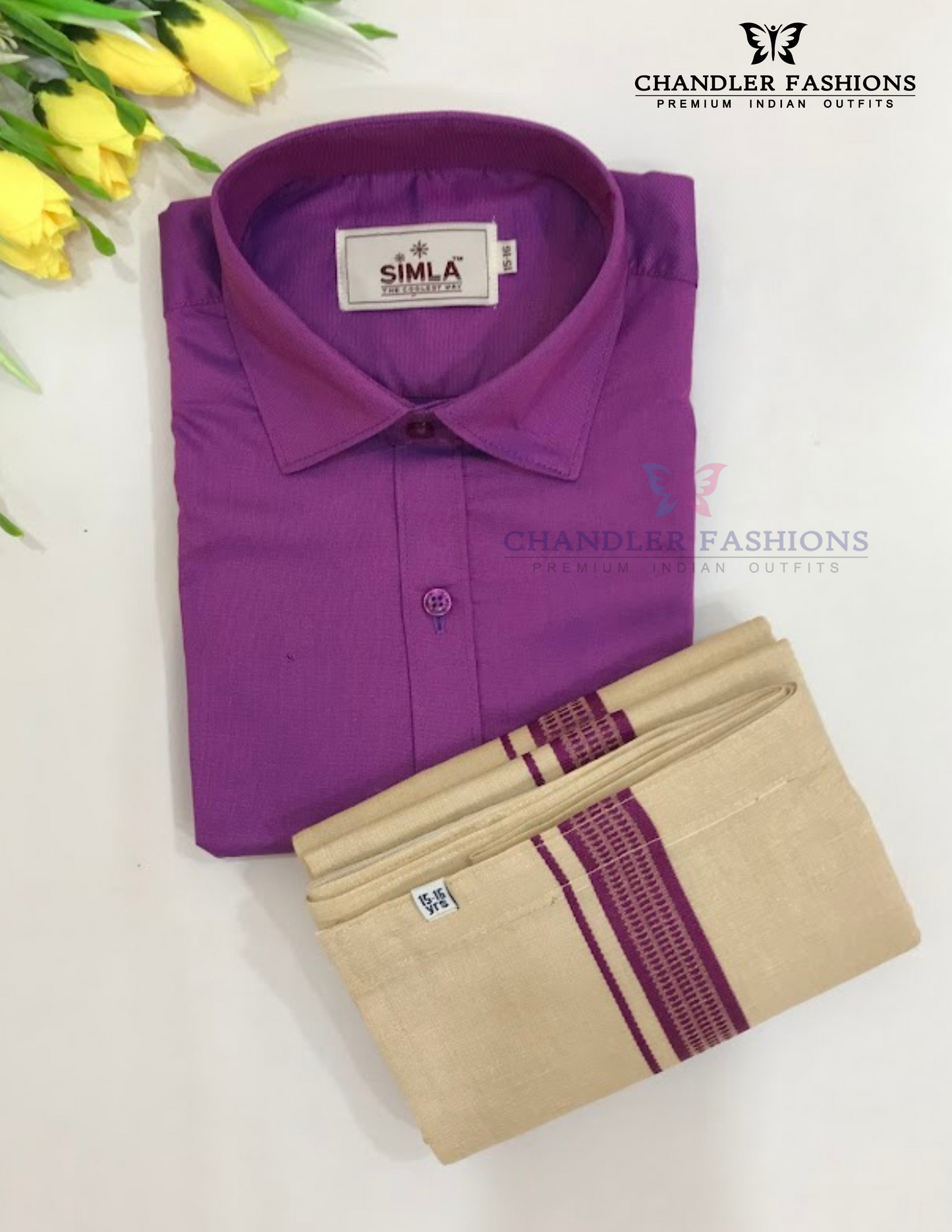 Attractive Purple Color Cotton Shirt With Tissue Zari Work Dhoti Set For Kids Near Me