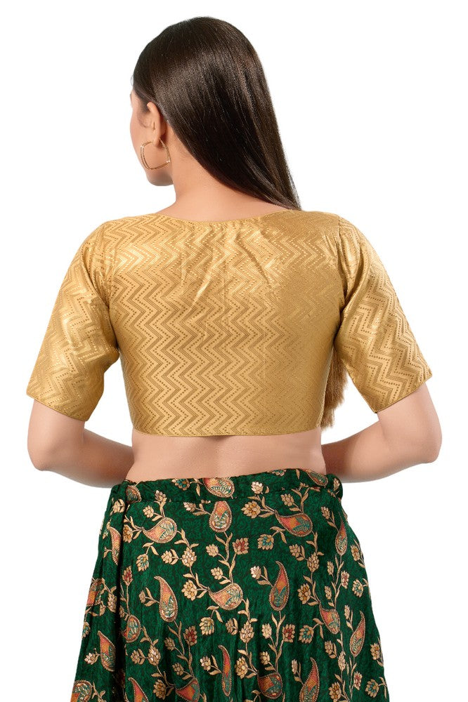 Front Open Gold Color Jacquard Elbow Sleeve Readymade Blouse Near Me