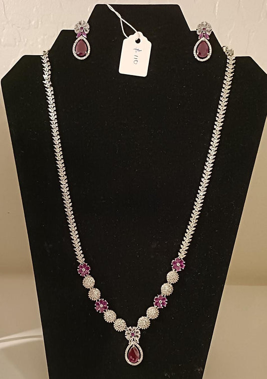 Beautiful American Diamond Purple Stoned Long Chain With Earrings