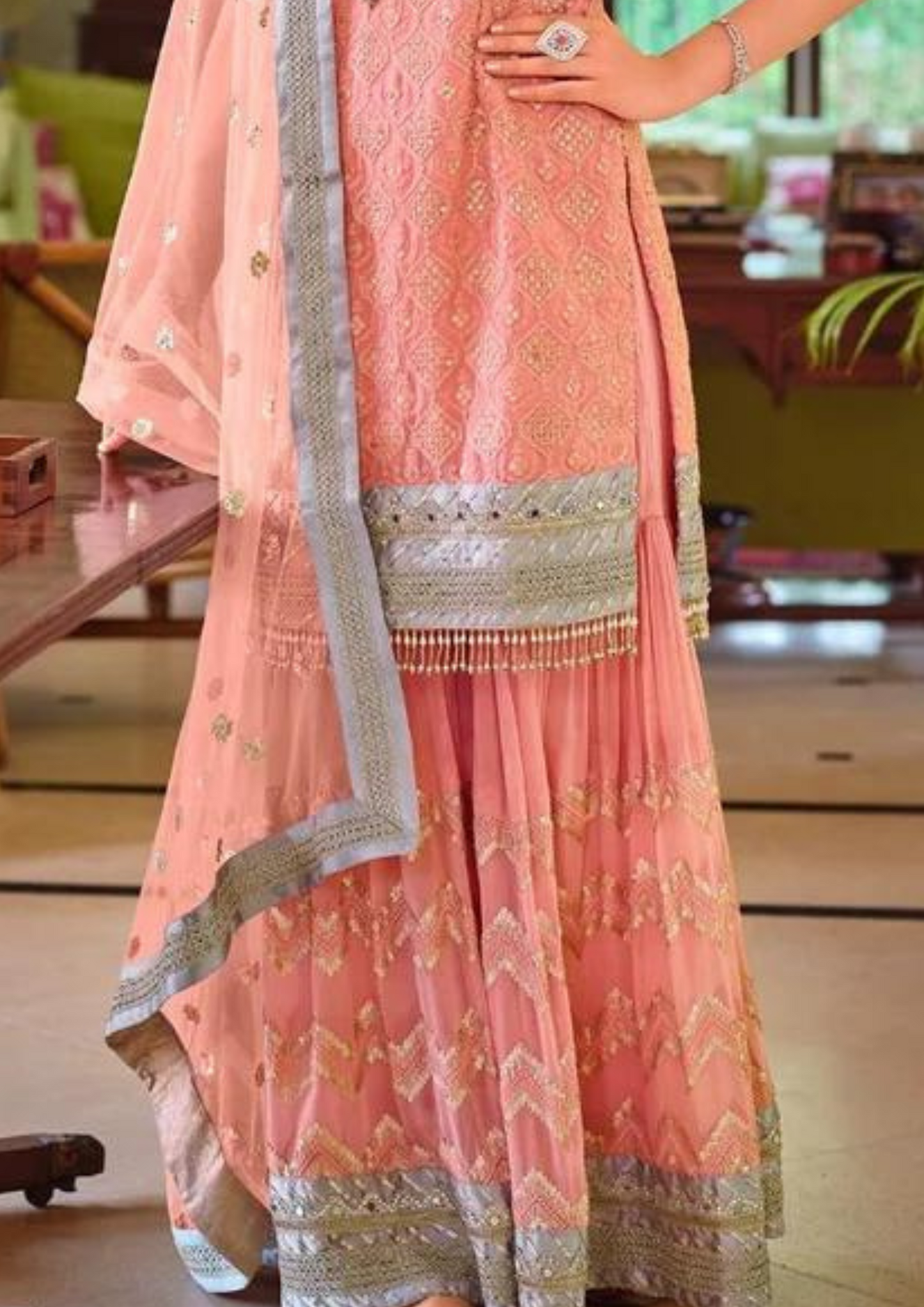 Attractive Peach Color Fancy Embroidery Work Sharara Suits With Dupatta In Tempe