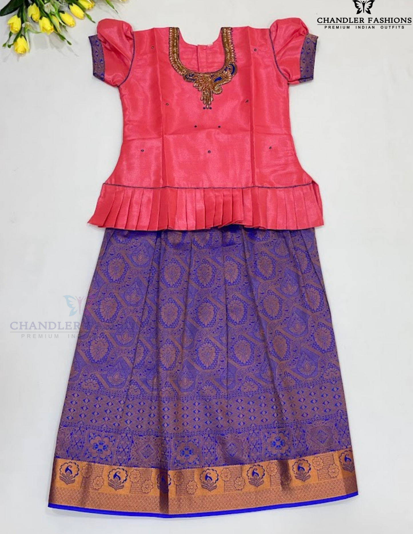 Graceful Pink And Blue Color Stone Work With Silk Langa set For Girls