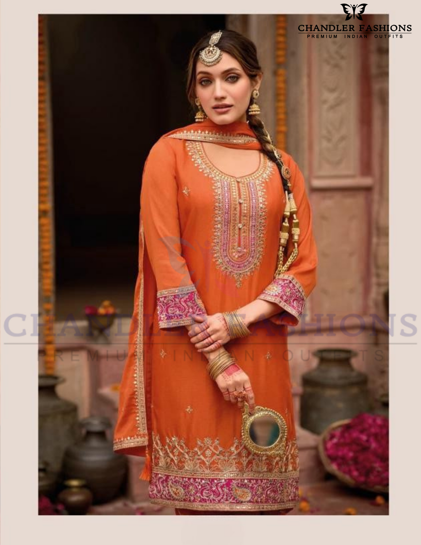 Pretty Orange Color Chinon With Embroidery Work With Palazzo Suits For Women Near Me