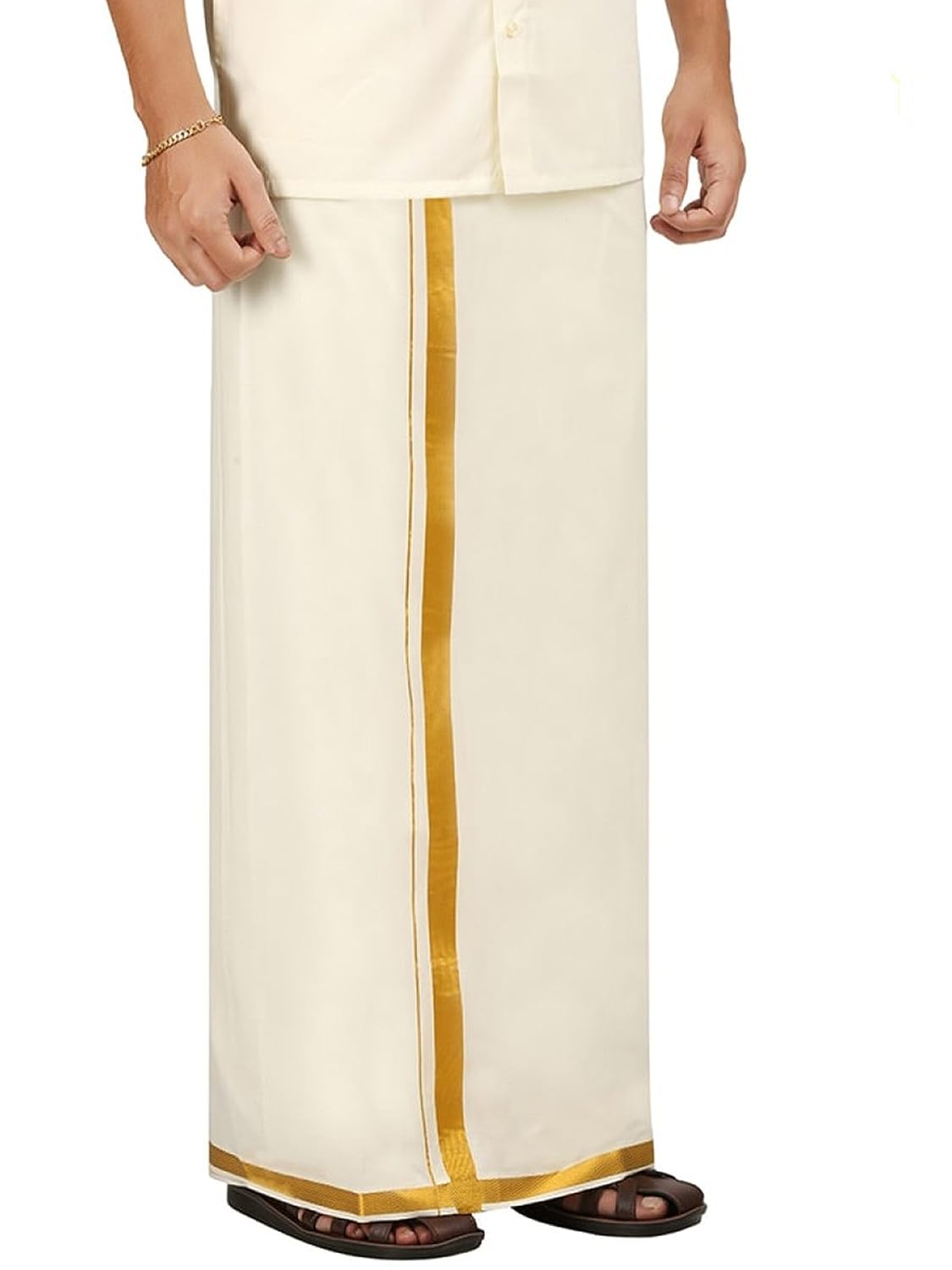 Men's White Premium Pure Cotton Golden Zari Border Dhoti Set
